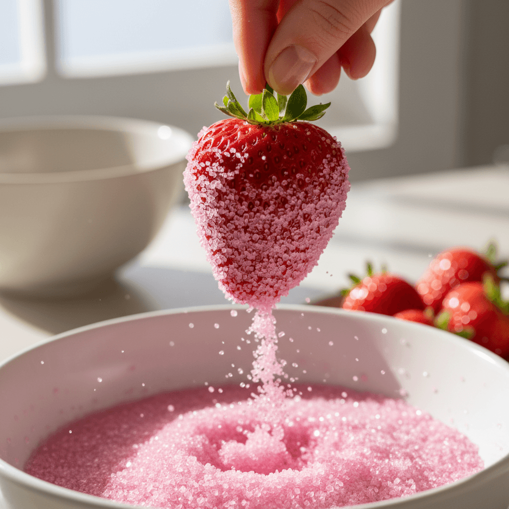 Hand dipping a strawberry