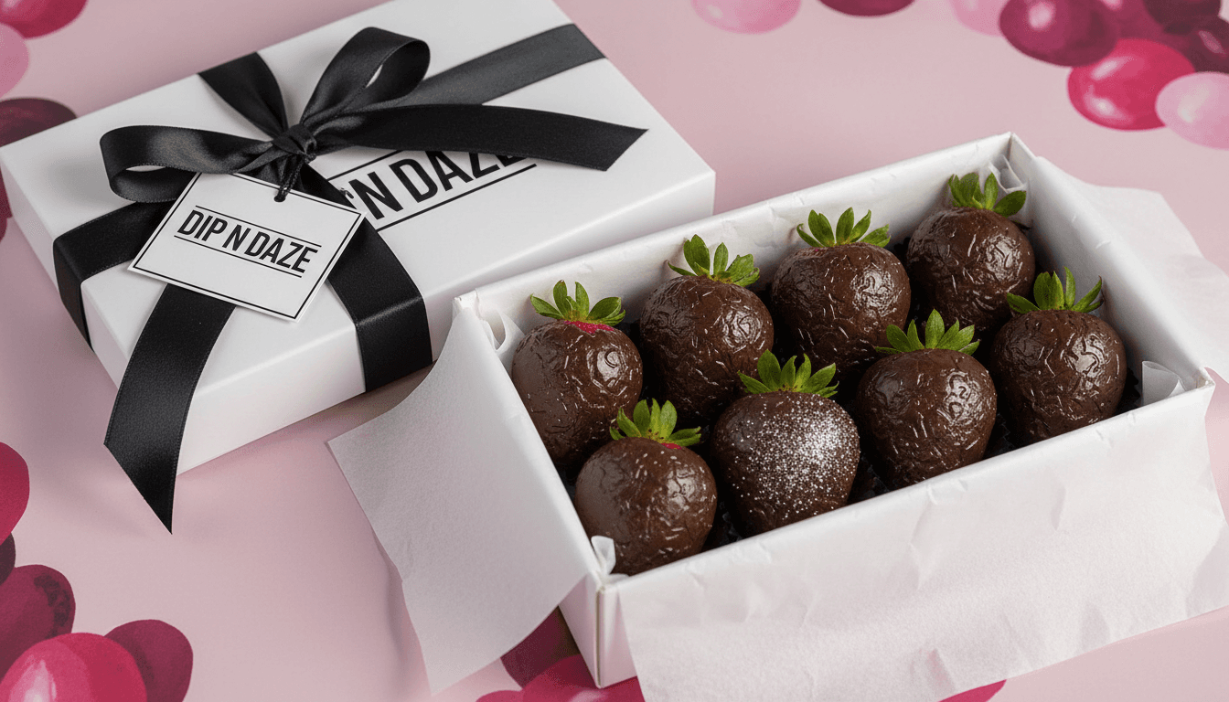 White gift box with black ribbon containing six chocolate-covered strawberries, glossy dark coating visible through tissue paper