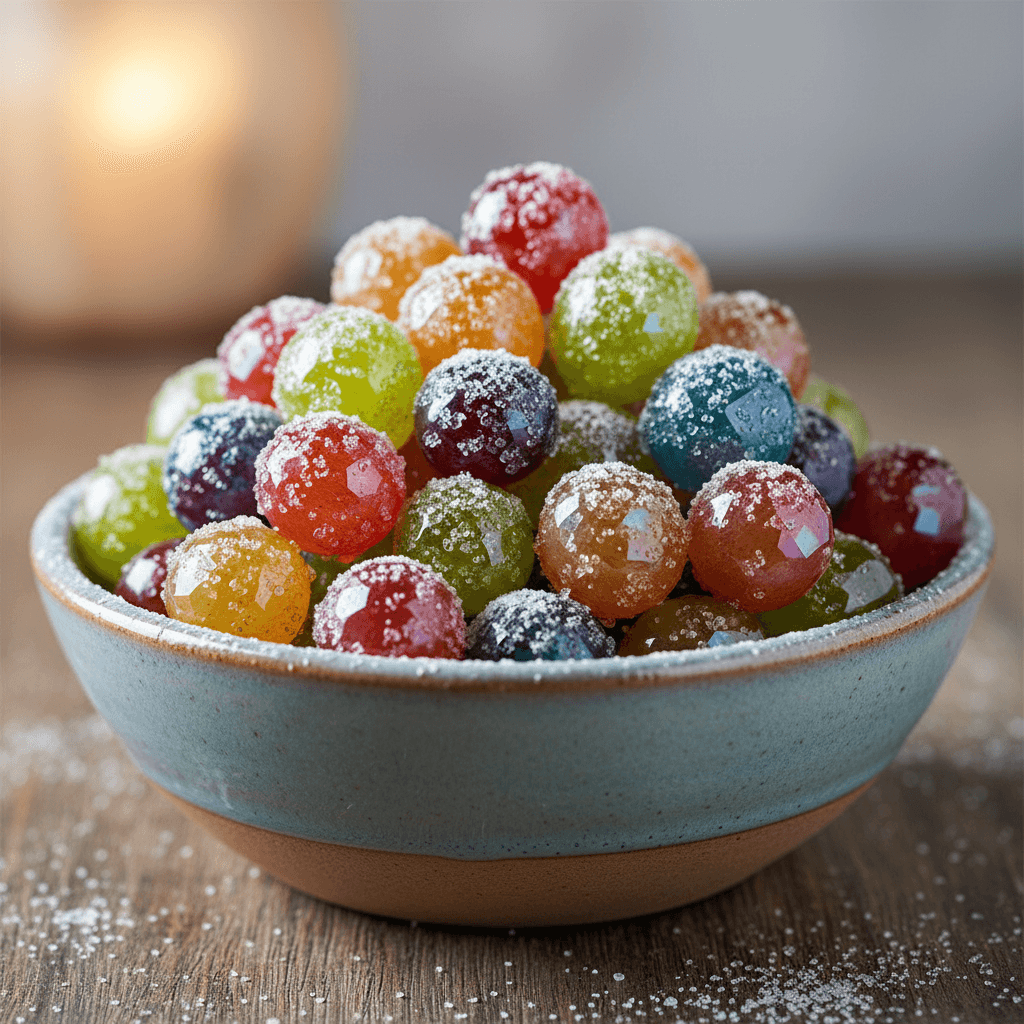 Medium platter filled with candied grapes in blue sugar coating