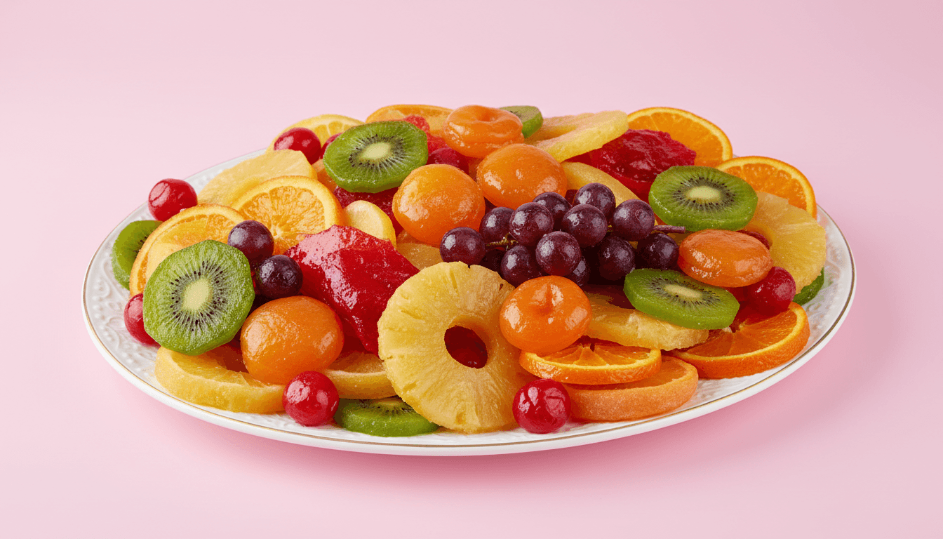 Colorful candied fruit platter with glossy sugar coating on pink background