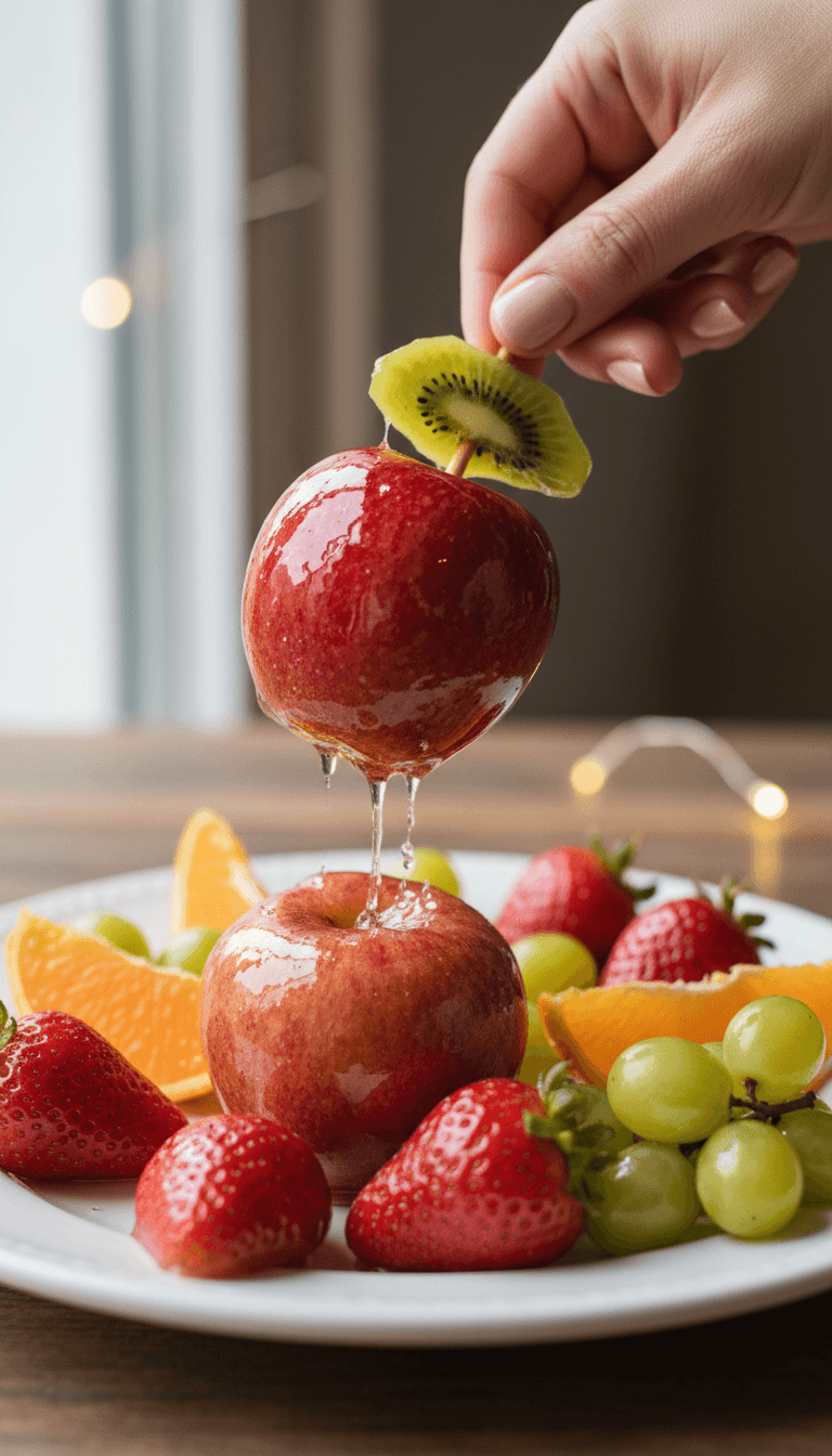 Close-up of hand-dipped candied grapes and strawberries with glossy crackly sugar coating on a platter