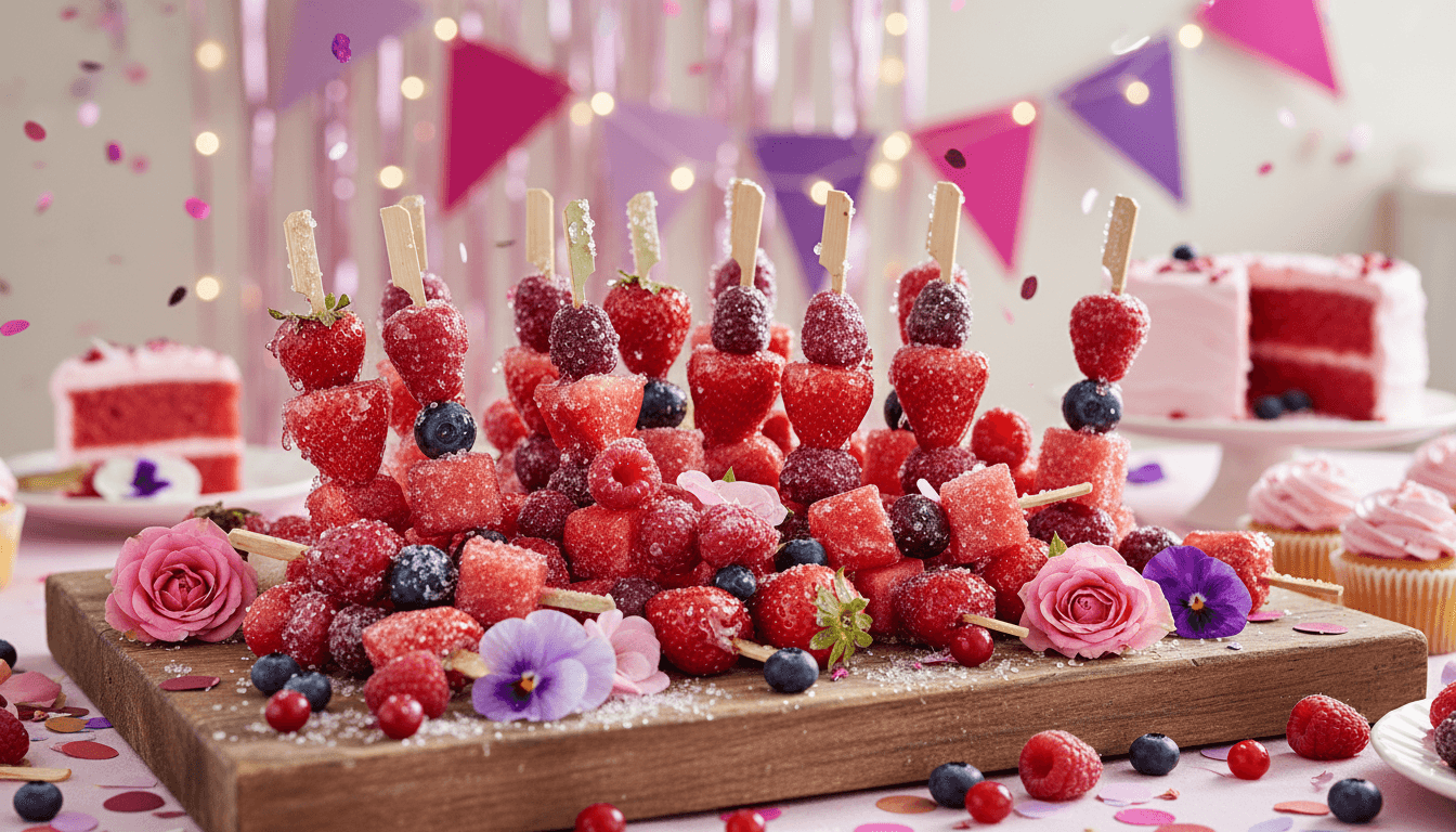 Colorful candied fruit platter with grapes and pineapple in pink and berry colors on a wooden board