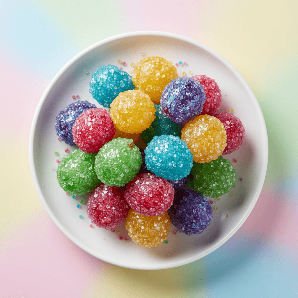 Small platter of candied grapes in pink sugar coating on a small plate
