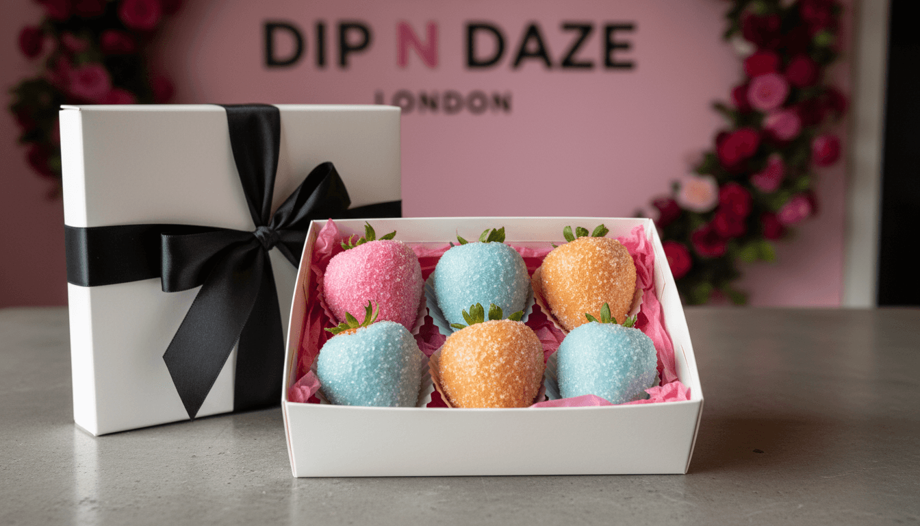 White gift box with black ribbon containing six candied sugar-coated strawberries, interior lined with tissue paper