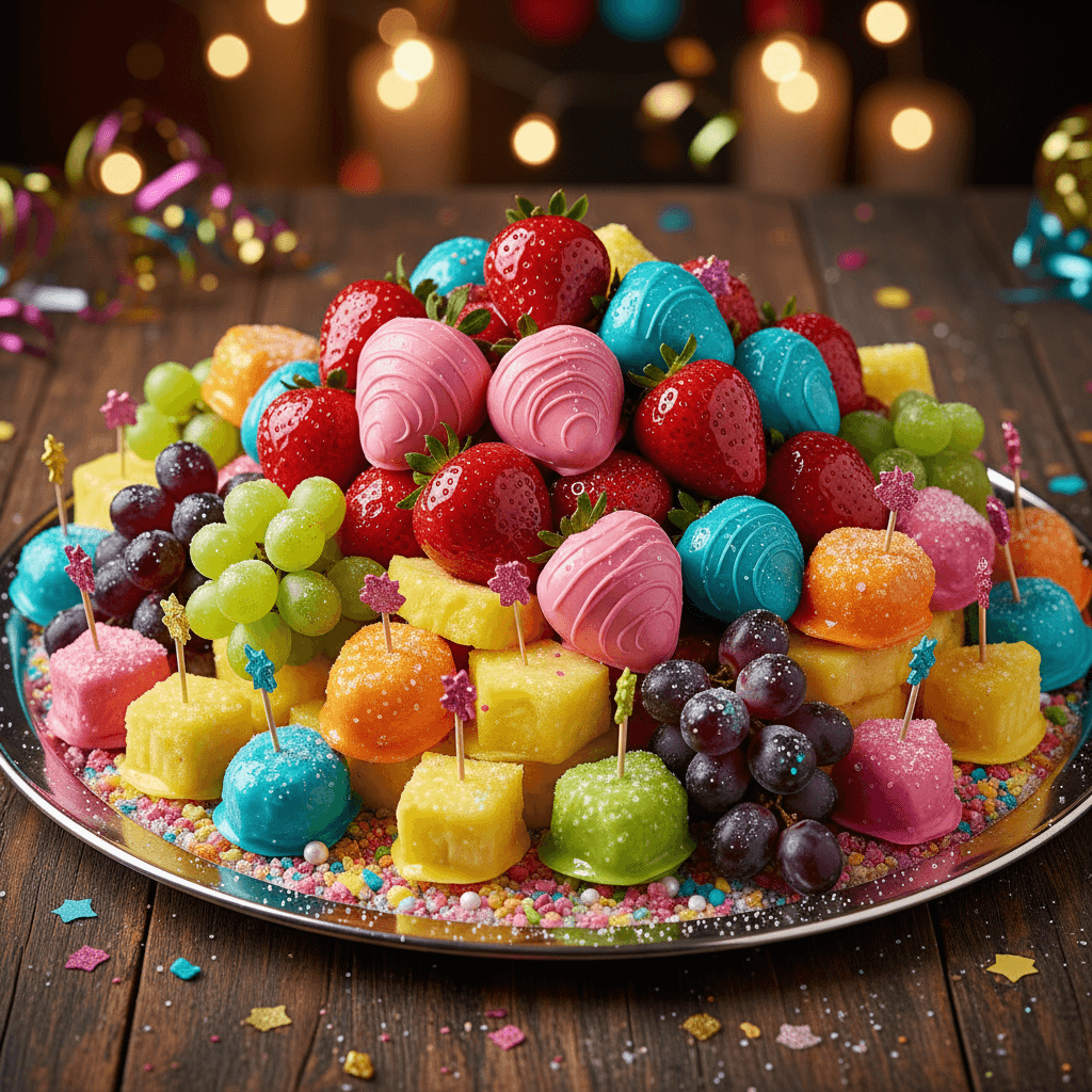 Large party platter with candied strawberries, grapes, and pineapple in multiple vibrant coatings