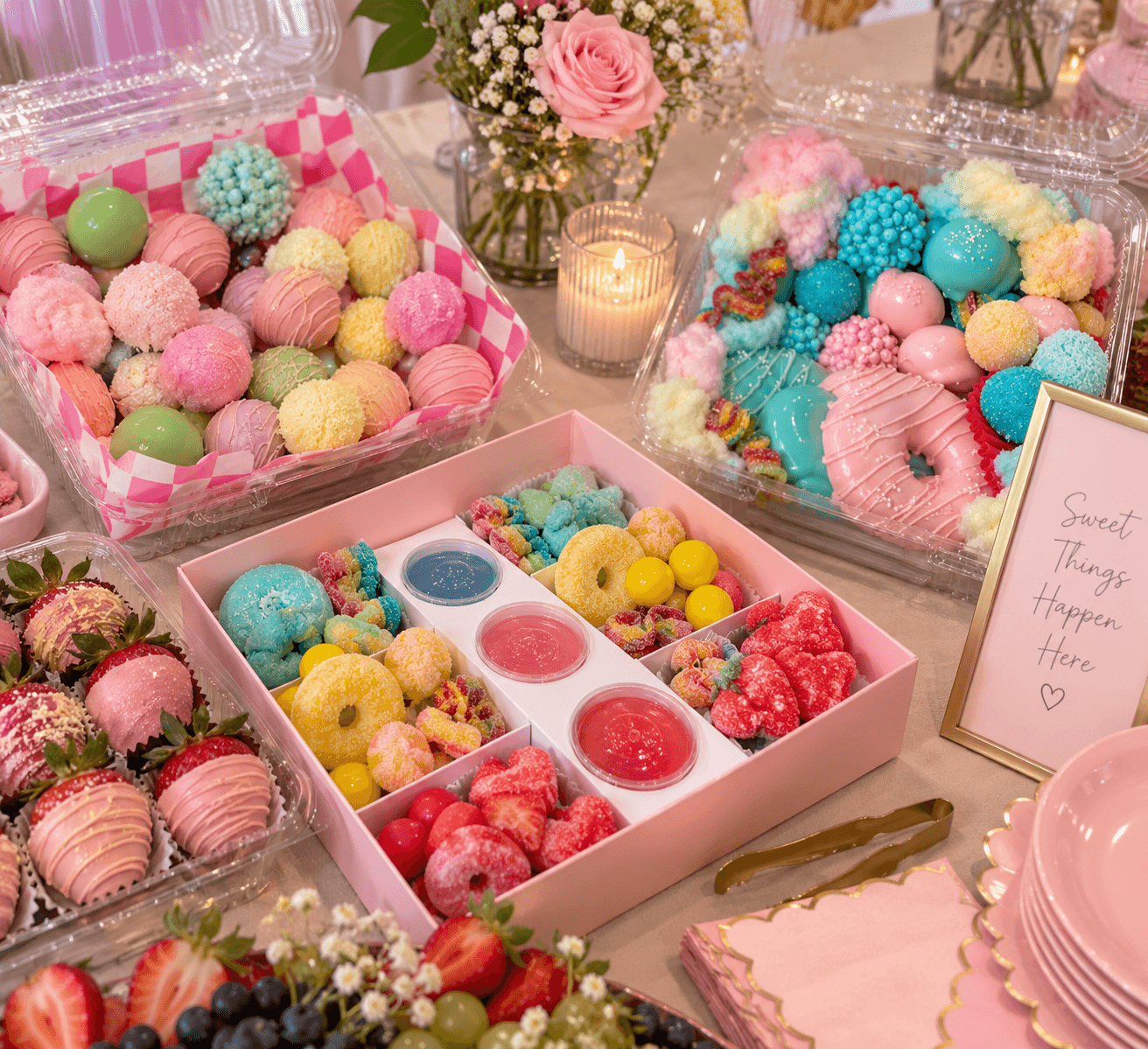 Assorted pastel sweets including cake pops, gummy candies, and chocolate-covered strawberries on a decorated table.